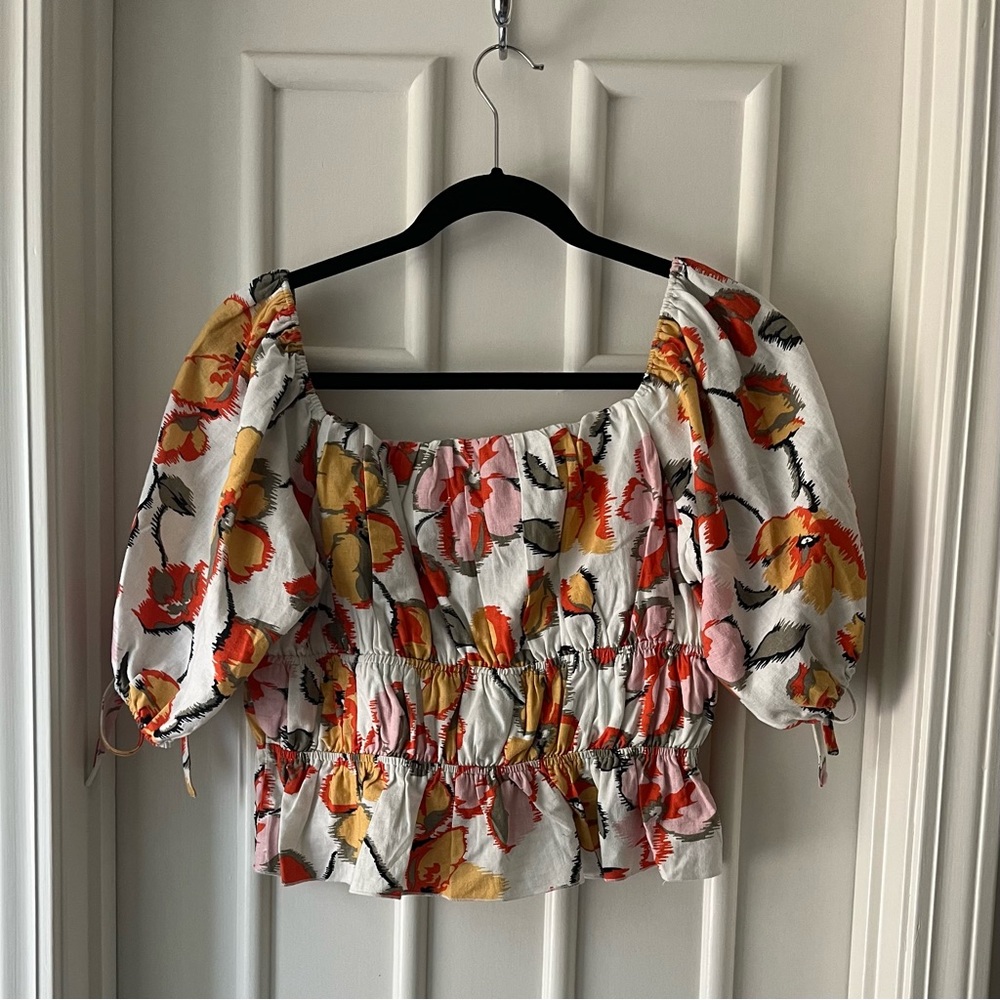 NWOT Moon River Floral Puff Sleeve Linen Top - Picture 5 of 7